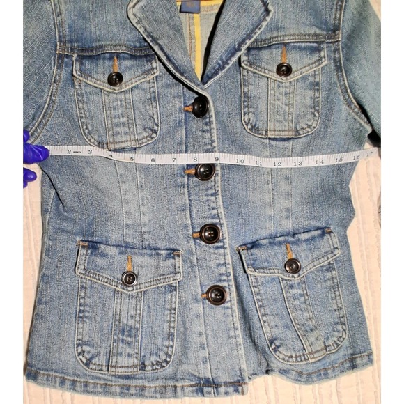 Y2k STAR Light Wash Denim Jacket Women's Button Front Military Style Jean Coat - Picture 16 of 17